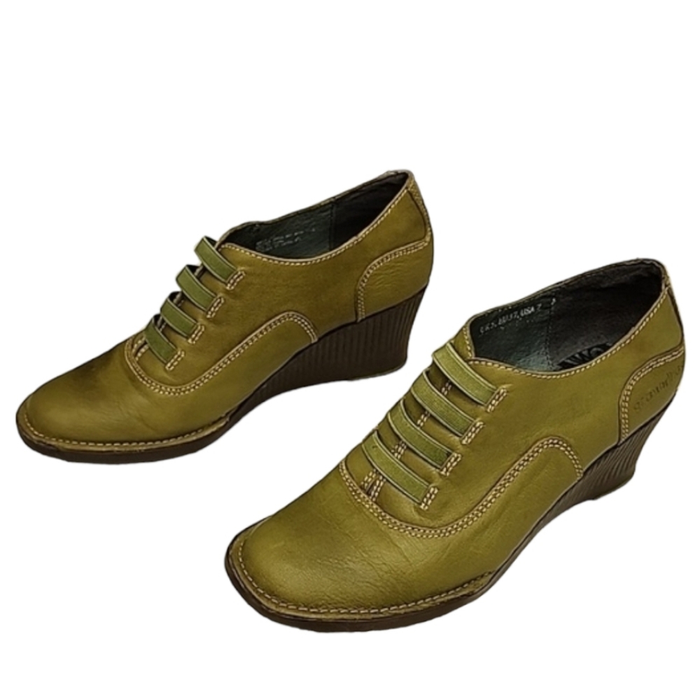 GROUNDHOG PORTUGAL Olive Leather Wedge Booties 7 37 Artsy Oxford Boots Slip On - Picture 12 of 16